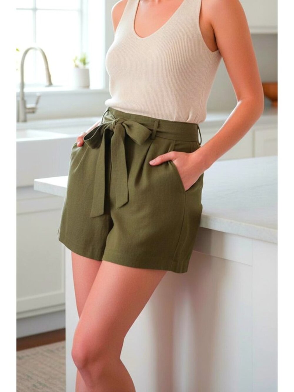 Dalia L Linen Blend Elastic High Waist Belted Tie Shorts Breathable Olive Green